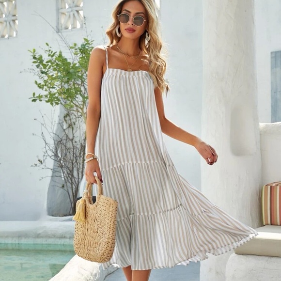 Dresses & Skirts - Striped Ruffle Hem Cami Dress in Khaki